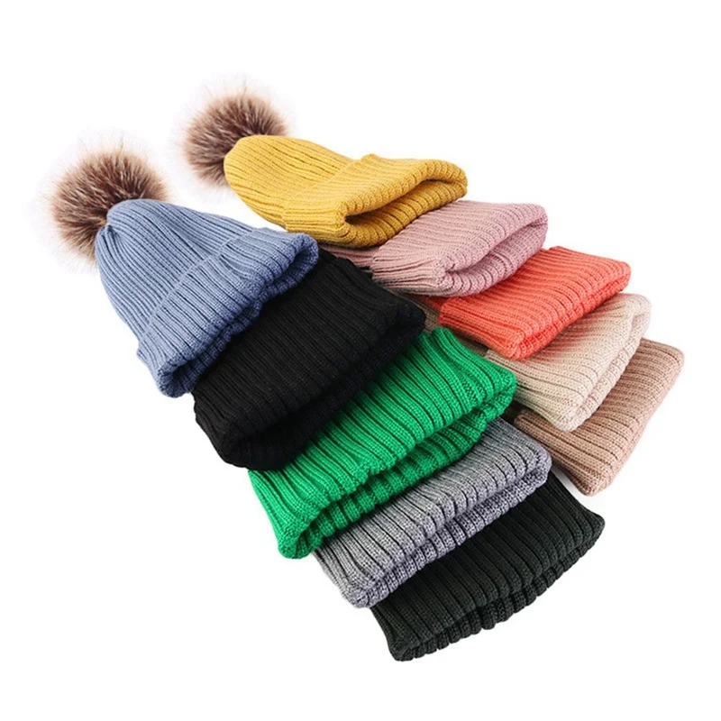 Зимние вязаные шапочки, шапки с помпоном, меховая вязаная шапка Skullies, меховая шапка с помпоном для девочек и женщин, теплая уличная Лыжная Шапка s