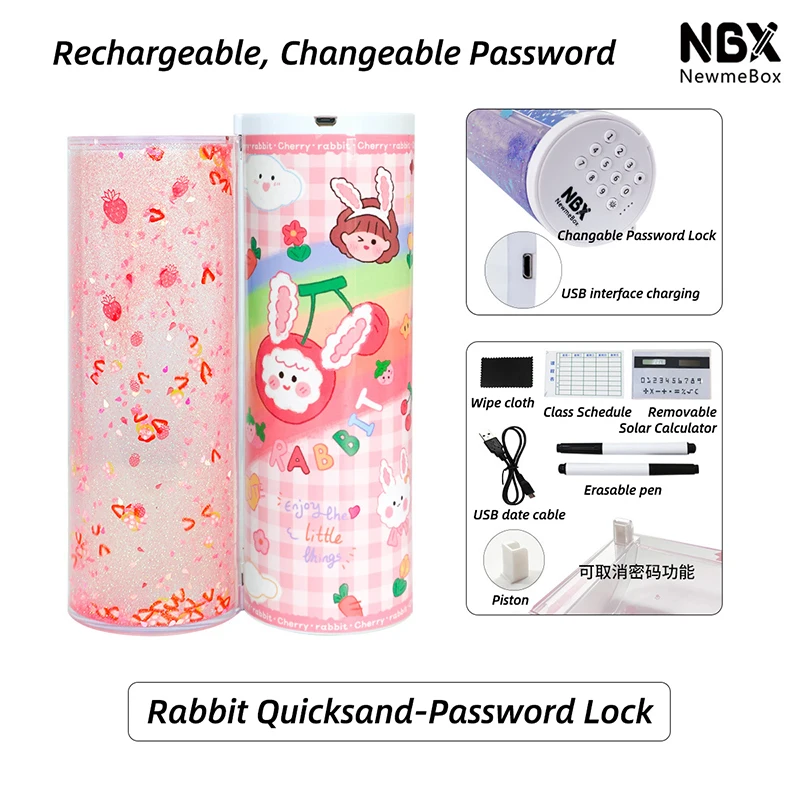 Newmebox-estuche para lápices con contraseña, portalápices con patrón de dibujos animados, gran capacidad, papelería, bloqueo codificado, para casa, oficina, escuela, bolsa de almacenamiento