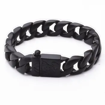 

15mm Wide 316L Stainless Steel Black-color Bracelet Boys Wristband Cut Rombo Curb Link Buddha Bracelet for Gift Jewelry