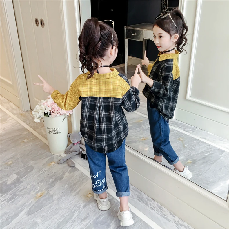Girl autumn plaid shirt Girl decorative stitching fashion shirt Girl casual versatile shirt Girl long sleeve shirt