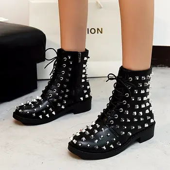 melhor 2020 Nova Moda Sexy Rebites Mulheres Tornozelo Botas De Couro Genuíno Salto Quadrado Senhoras Rendas Até Goth Punk Plataforma Botas Femininas