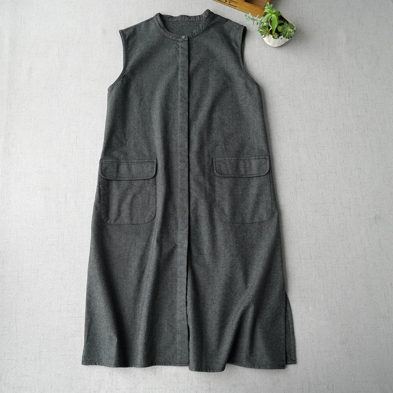 

Spring Autumn New Arrivals Women All-match Loose Plus Size Brief Dark Gray Comfortable Cotton Linen Long Vest Outerwear