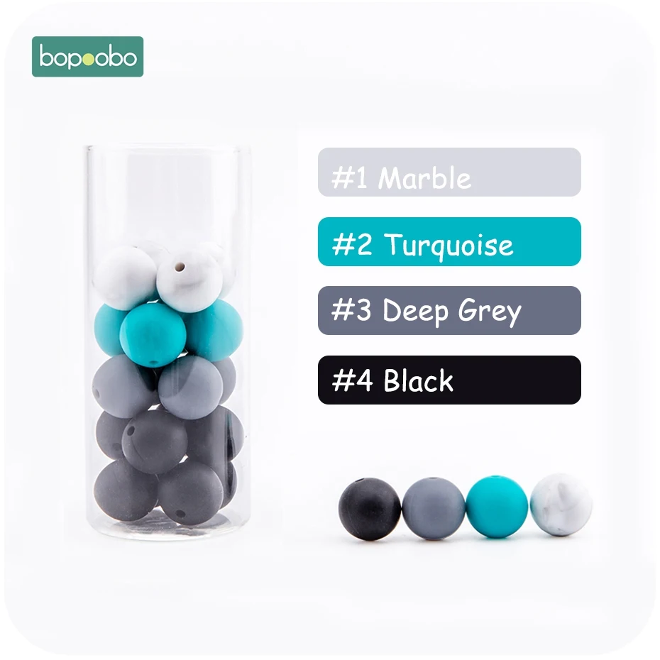 Turquoise-Black Bopoobo Baby уход, прорезыватель силиконовые бусины 15 мм 10 шт Еда Класс материалы DIY браслет подвесные игрушки для детской кроватки для кормления, аксессуары, малоенькая прогулочная коляска Прорезыватель для зубов - Цвет: Turquoise-Black