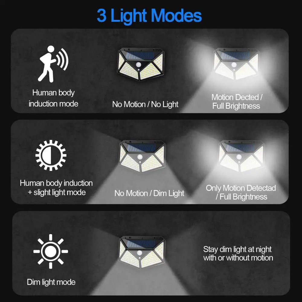 100 LED Solar Light 3 Modes Power IP65 Outdoor Pathway Lamp PIR Motion Sensor Waterproof Energy Saving Garden Solar Lamp