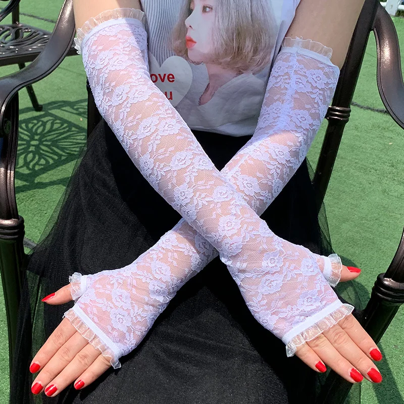 Women Summer Arm Sleeves Gloves Sexy Lace Flowers Gloves Fingerless Mittens Covered Scar Elastic Sleeve Driving Sunscreen Gloves