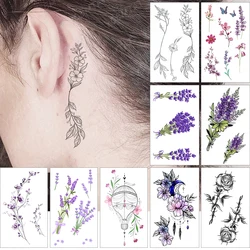 Waterproof Temporary Tattoo Sticker Ear Thin Line Flowers Watercolor Lavender Flash Tatoo Fake Tatto For Body Art Women Men