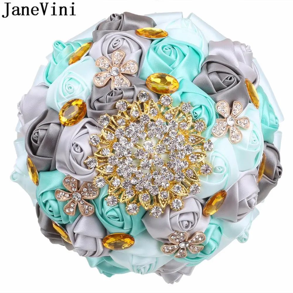 JaneVini 15cm Bridesmaid Bouquet with Jewelry Luxury Pearls Crystal Wedding Bouquets Bowknot Satin Rose Silk Bride Small Flowers