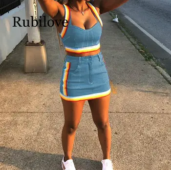 

Sexy Women 2 Two Piece Set Summer Denim Skirt Set Sleeveless Jeans Crop Top + Mini Skirt Suit Blue Denim Matching Set Outfit