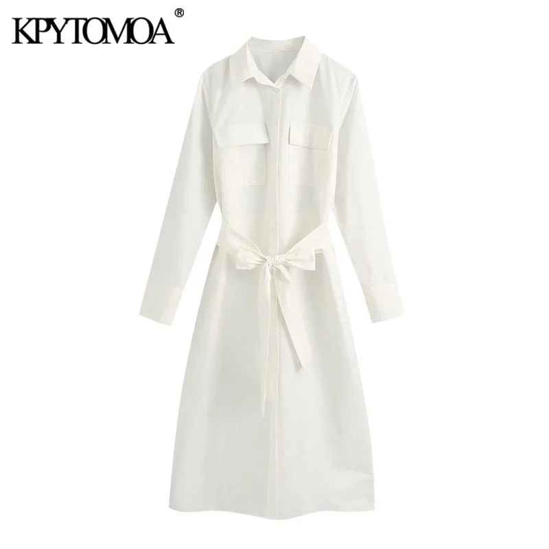 KPYTOMOA Women 2020 Chic Fashion With Belt Pockets Midi Shirt Dress Vintage Long Sleeve Button-up Female Dresses Vestidos KPYTOMOA Women 2020 Chic Fashion With Belt Pockets Midi Shirt Dress Vintage Long Sleeve Button-up Female Dresses Vestidos