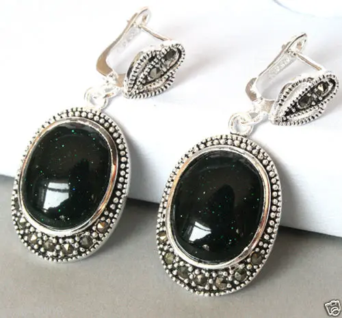 

Fashion 925 Sterling Silver Natural Green Sand Stone Marcasite Dangle Earrings