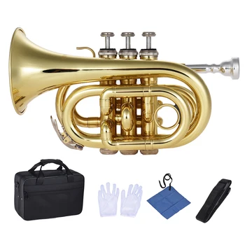 

ammoon Mini Pocket Trumpet Bb Flat Brass Wind Instrument with Mouthpiece Gloves Cleaning Cloth Carrying Case
