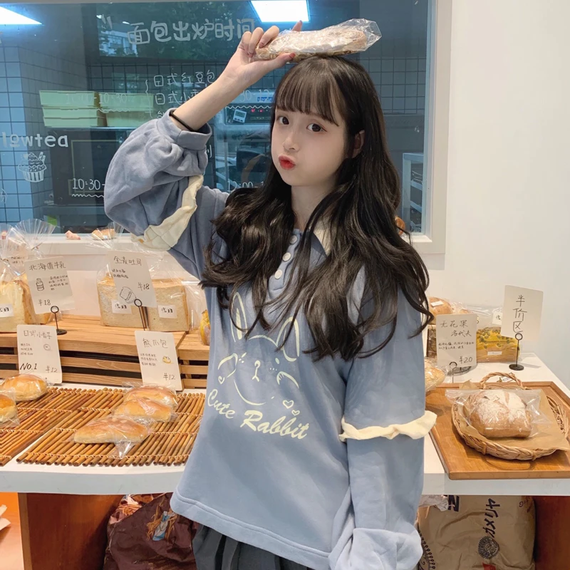 Осенний японский женский Harajuku интересный свитер свободный длинный рукав свитер для девочки милый синий пуловер - Цвет: Синий