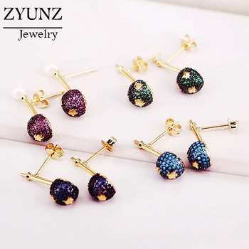 

4 Pairs, Copper Micro Inlaid Zircon Colorful Ball Pearl Shell Stud CZ Earrings Jewelry Gift For Women