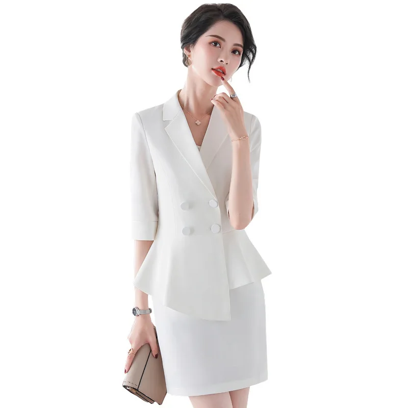 

Female Black White Red Skirts Suits 2020 Two Pieces Set 1/2 Sleeve Irregular Blazer Jacket with Skirt Plus Size Ol Korean Suite