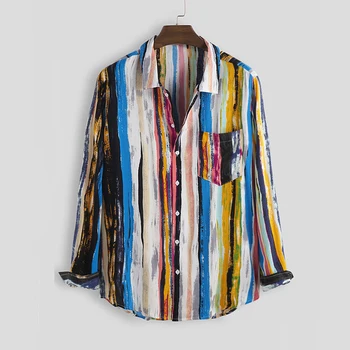 

Chemise Homme Men Summer Fashion Striped graffiti print Shirts Top Harajuku Casual Long Sleeve Shirts Men Male Camisa Masculina