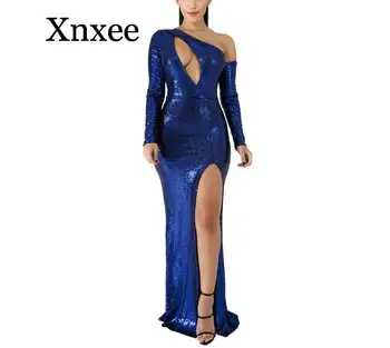 

Hollow Out One Shoulder Evening Party Dresses Elegant Women Sexy Long Sleeve High Slit Bodycon Long Night Club Dress