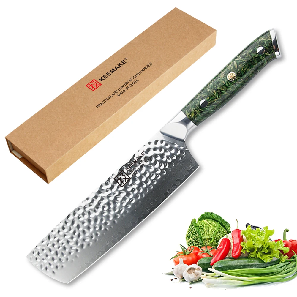 KEEMAKE 7'' Cleaver Knife Damascus AUS-10 Steel Kitchen Knives Sharp Blade Chef Green Chaff husk Handle Meat Cutter Tools | Дом и сад