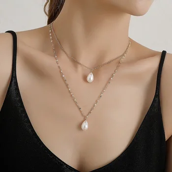 

200 pcs/lot New European and American ornaments melon seed chain pearl drop pendant necklace women fashion simple double layer