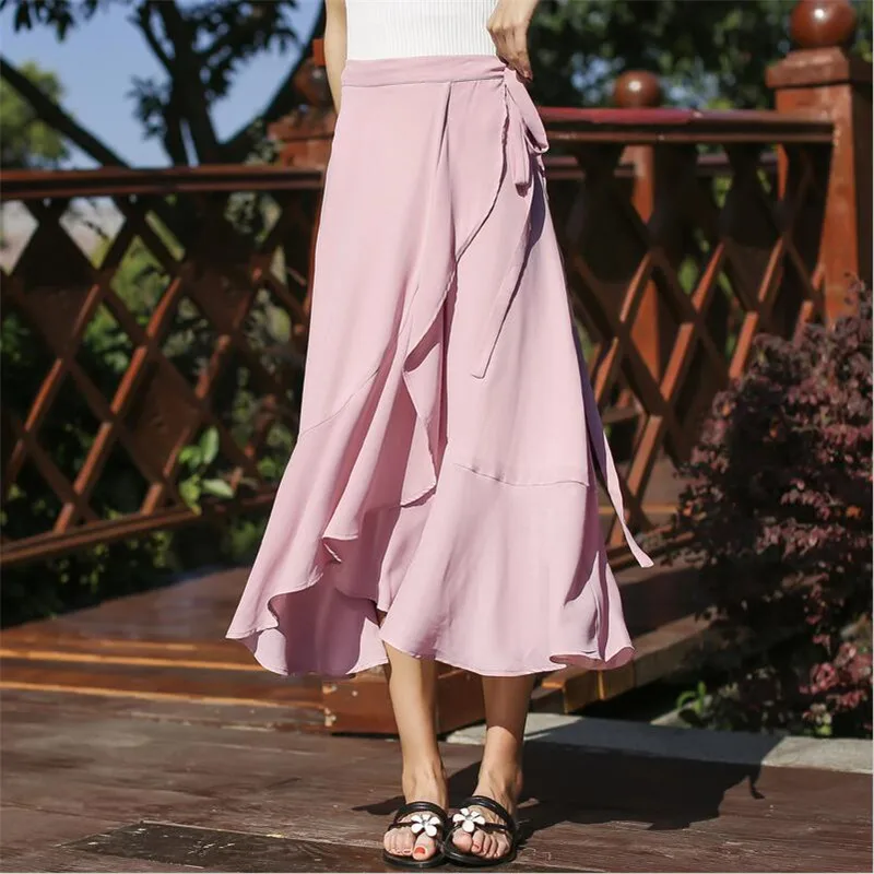 Boho Ruffles летние пляжные юбки для женщин Высокая талия шифоновая Длинная тонкая юбка цельная раздельная юбка размера плюс M-7XL 8XL