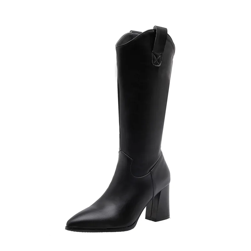 Черный Meotina/осенние ковбойские сапоги женские сапоги до колена на молнии, на не сужающемся книзу высоком массивном каблуке высокие сапоги с острым носком женская зимняя обувь, большие размеры 33-46 - Цвет: Черный