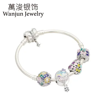 

Wanjun Jewelry 100% 925 Sterling Silver New Style Colorful Flowers Chain Charms Bracelets Pendant & Bangles Beadeds Set Gift