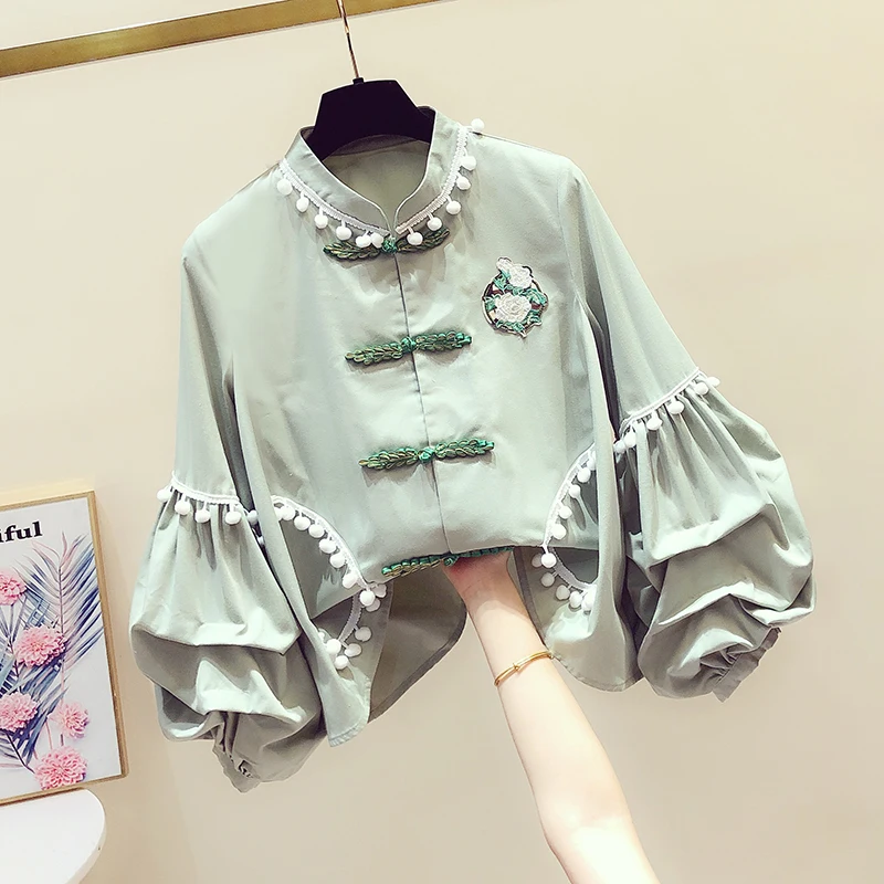

2020 Spring New Korean-Style Fresh Floral Embroidered Tassel Pompom Button Lantern-Sleeve Shirt Women's Casual Blouses Tops