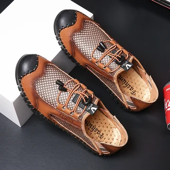 

Merkmak Summer Men Shoes Breathable Mesh Beach Shoes Genuine Leather Outdoor Hiking Shoes Non-slip Big Size Men Casual Sneakers
