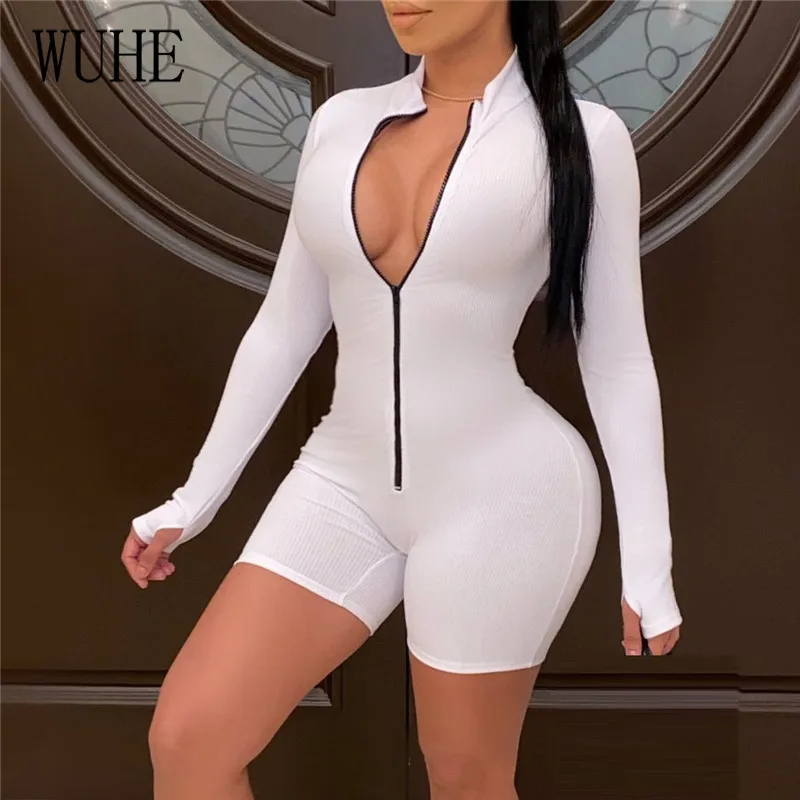 

WUHE Autumn Turtleneck Knit Rib Bodycon Fitness Playsuit Sportswear Long Sleeve Zipper Casual Body Rompers Womens Jumpsuit