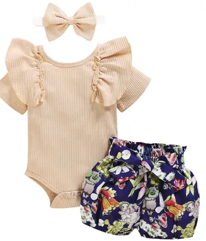 

0-24M Newborn Girl Summer 3pcs Set Floral Outfit Short Sleeve Ruffle Romper Jumpsuit Tutu Shorts Headband Baby Girls Clothes Set