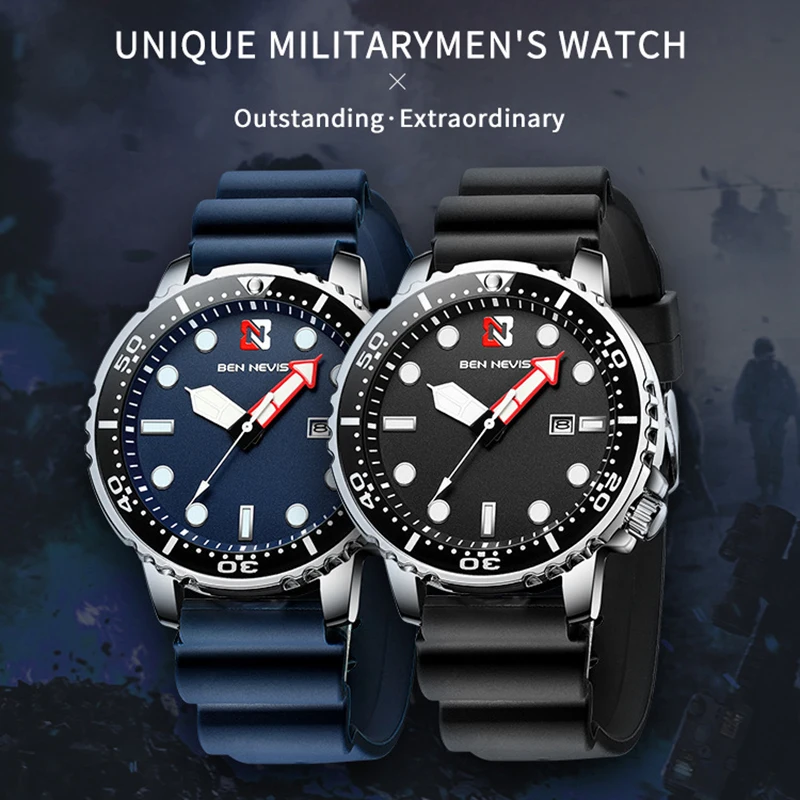  Ben Nevis Men's Watches Fashion Analog Quartz Watch with Date Military Watch Waterproof Silicone Ru
