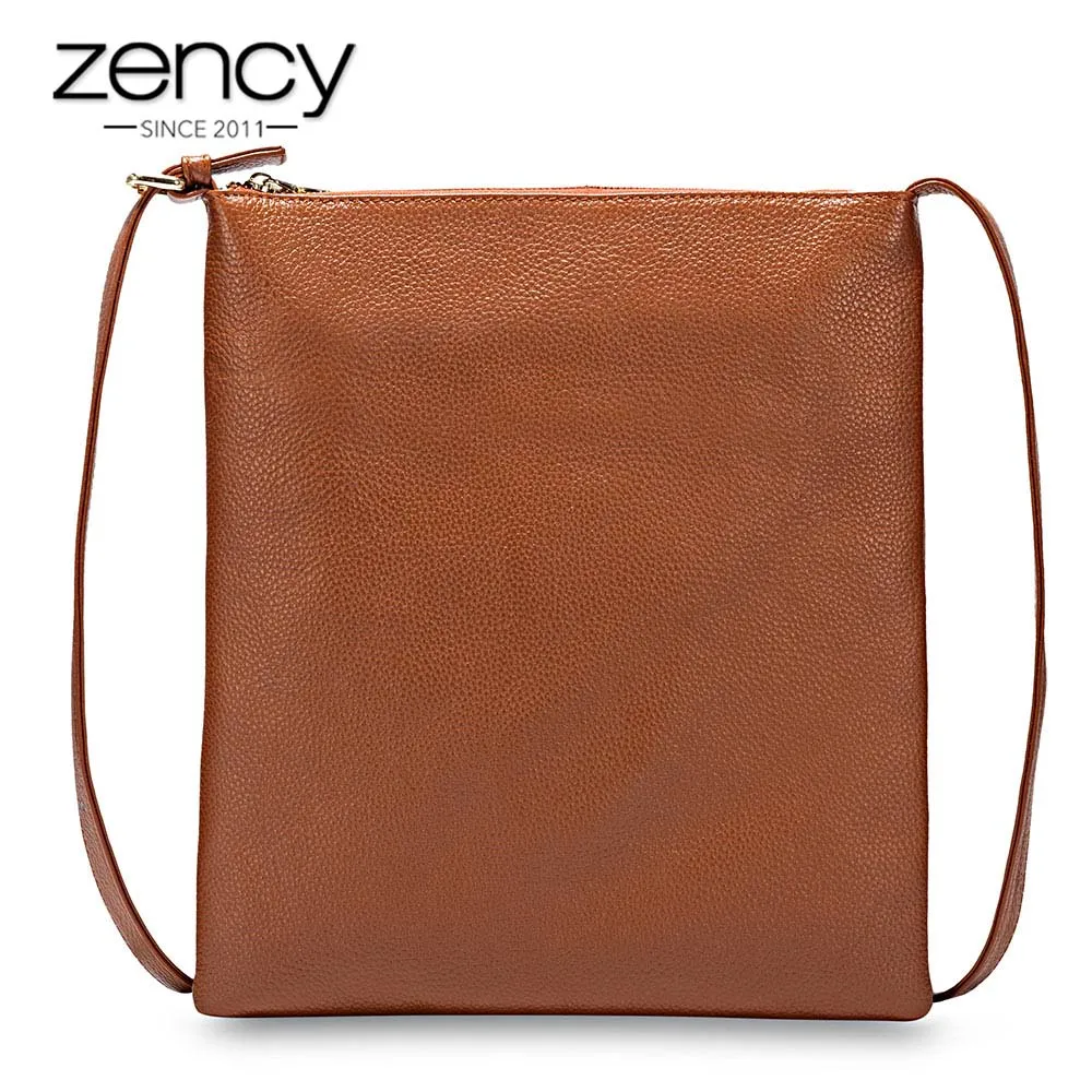 cheap Zency 100% Genuine Leather Satchels Preppy Style Girl Crossbody Bag Fashion Brown Lady Shoulder Purse Simple Handbag Black Grey