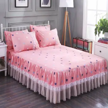 

Fashion Lace Bed Skirt +2pcs Pillowcases King/Queen size Princess Bedspreads Fitted Sheet Student Dormitory Bed Cover For Girls