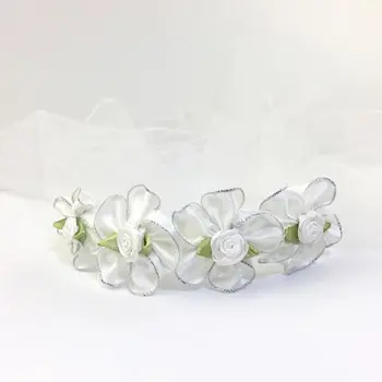 

Girls Wedding Agaric Mesh Veil Headband Glitter Powder Trim Artificial Flower Wreath Crown Hair Hoop First Communion Headband