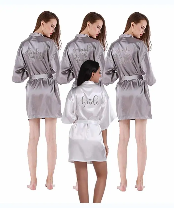 silver bride robe satin bridal getting ready wedding gift team bridesmaid sister in law mother groom kimono robes | Женская одежда