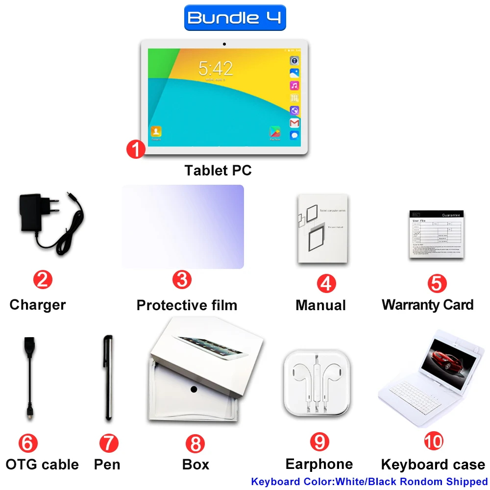 Супер закаленное 2.5D стекло 10,1 дюймов планшетный ПК ОС Android 9,0 Восьмиядерный 6 ГБ ОЗУ 128 Гб ПЗУ 8 ядер 1280*800 ips фаблет планшеты 10 - Комплект: Комплект 4
