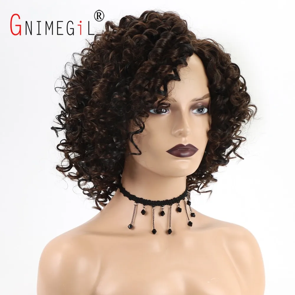 GNIMEGIL Female Afro Kinky Curly Wig Synthetic Fiber Colly Curls Wigs for Black Women Fashion Dark Brown Hair Replacement Wig
