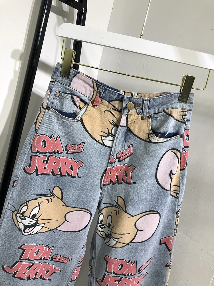 FREE SHIPPING Korean Jeans Cat And Mouse Print JKP4382