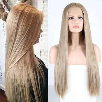 

RONGDUOYI Long Straight Ash Blonde Synthetic Lace Front Wig Middle Part Heat Resistant Fiber Front Lace Blonded Wigs For Women