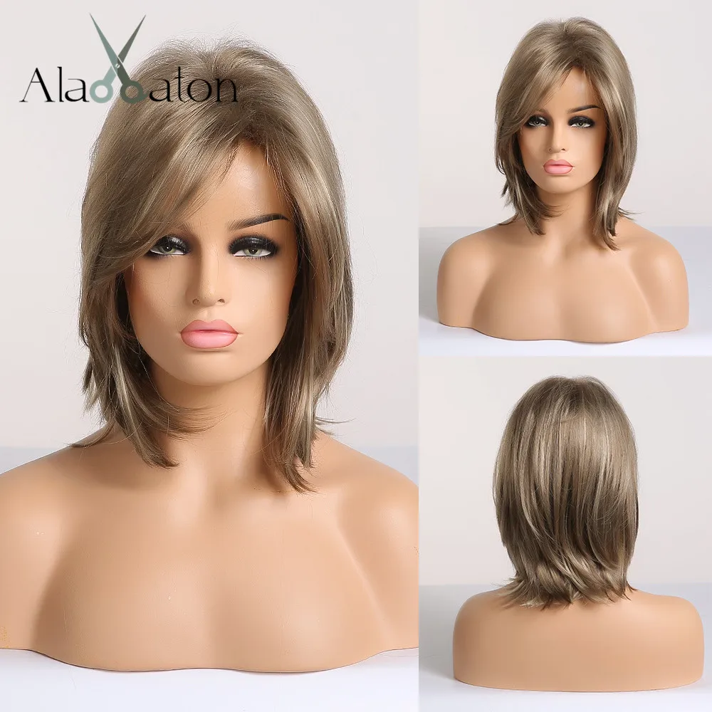 Closeout Wavy Wigs Blonde Synthetic-Hair High-Temperature-Fiber Alan Eaton Short Side-Bangs Mix-Brown AANagokxO