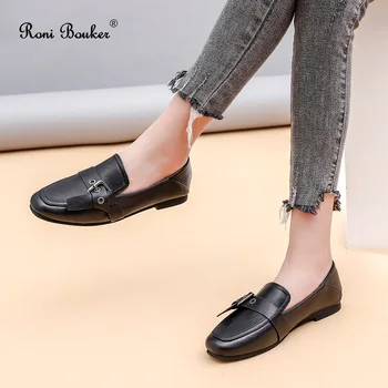 

Roni Bouker Autumn Winter Faux Fur Shoes Woman Casual Black Leather Flats Square Toe Loafers Female Plush Slip-on Women Footwear