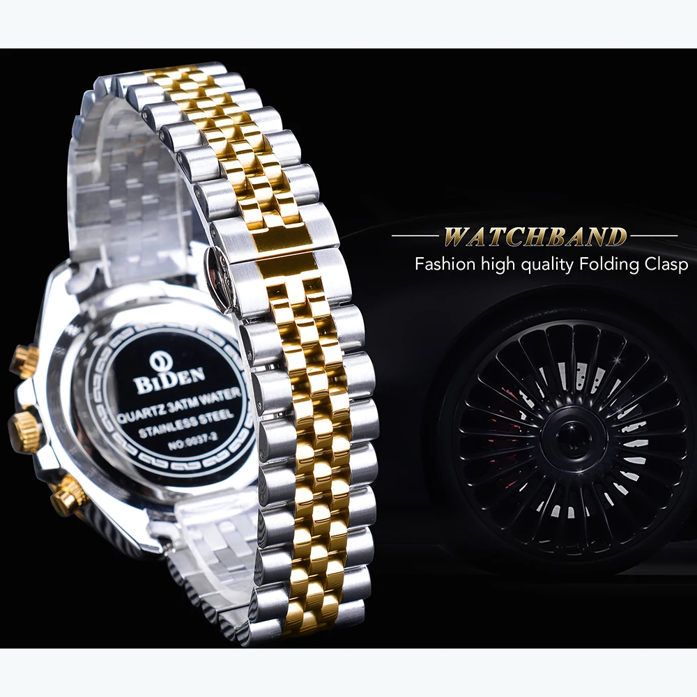 BIDEN Bule Red Men Quartz Watch Stainless Steel Waterproof