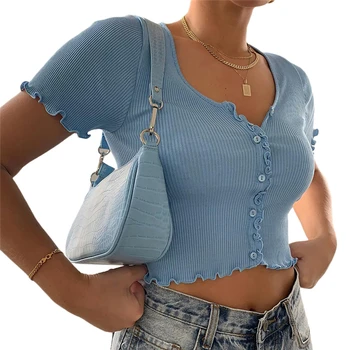 

2020 Fashion Trend Women Summer Solid Color T-shirt Korean Single-breasted V-neck Exposed Navel Crop Top Holiday Slim Tees