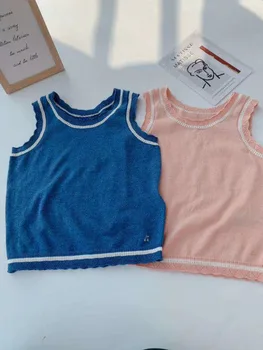 

Pre-sell 2020 April 15th summer girls tops knit sleeveless tops blue pink color girls clothing