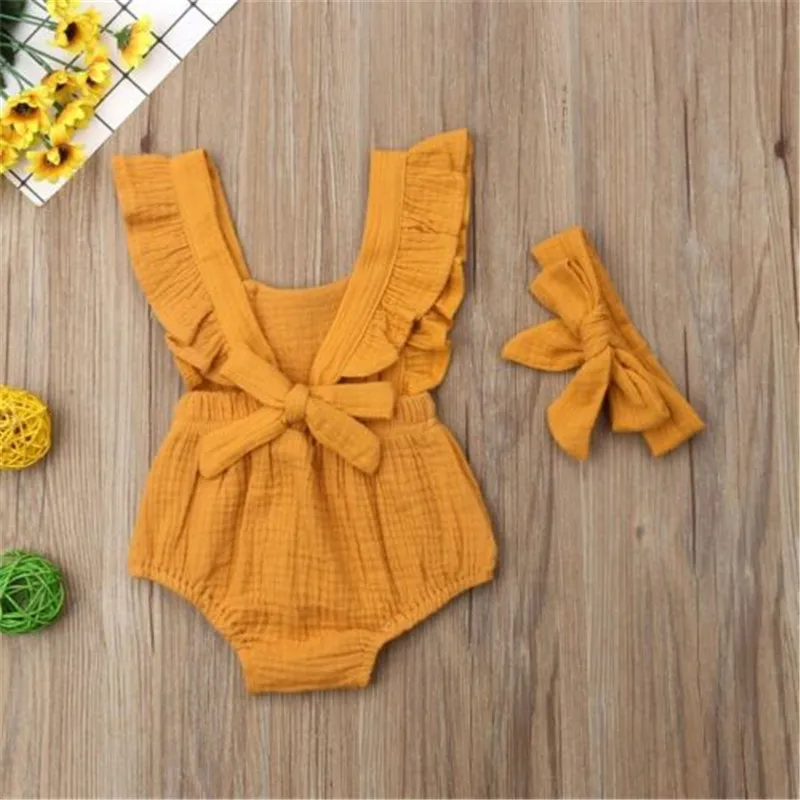 Боди для новорожденных; коллекция года; цельнокроеная одежда для маленьких девочек; Однотонный красный и синий летний комбинезон с оборками; одежда