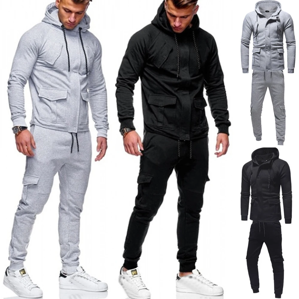  Primavera Otoño Negro Gris Hombre Sudadera con Capucha Más  Tamaño Zip Up Hoodies+Pantalones Conjunto de 2 Piezas Hombres Algodón Sudor  Trajes, Gris : Ropa, Zapatos y Joyería