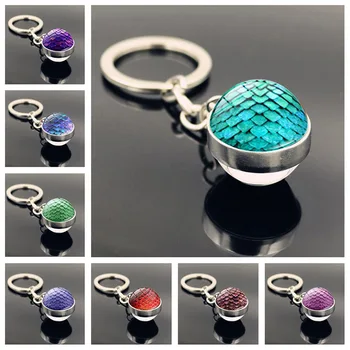 

Game of Thrones Dragon Egg Time Stone Keychain Mermaid Scale Double-sided Glass Ball Keyring Creative Couple Jewelry Best Gifts