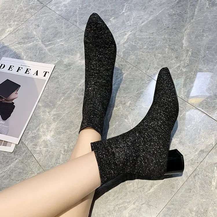 

2019 New Style Pointed Toe Middle Chunky-Heel Small Bootie Women's Spring And Autumn Single Boots Fly Woven Socks Boots Online C