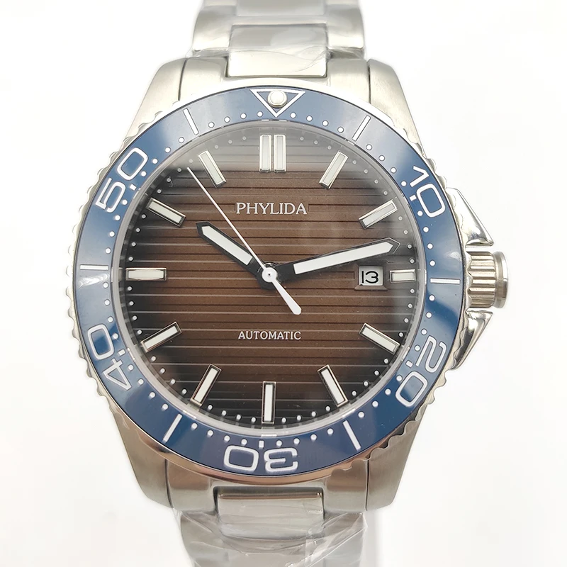 

40mm Men's Watch Brown Dial With Date Automatic Movement Sport Wristwatch Sapphire Crystal Blue Ceramic Bezel Insert