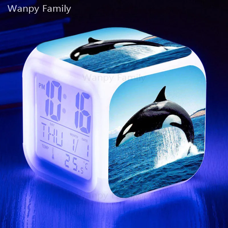 Jumping Black Dolphin Led Alarm Clock 7 Color Glowing Digital