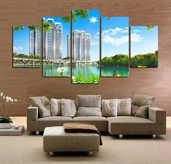 

5pcs Modern High Building Blue Sky Lake Landscape Picture Home Decoration Canvas Painting For Living Room Wall Art Print Poster